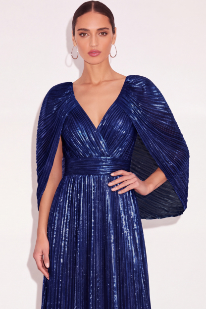 Sparkly Golden A Line V Neck Pleated Long Formal Dress with Cape