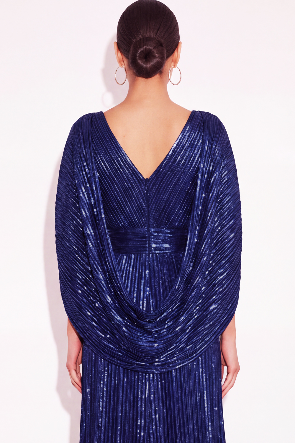 Sparkly Golden A Line V Neck Pleated Long Formal Dress with Cape