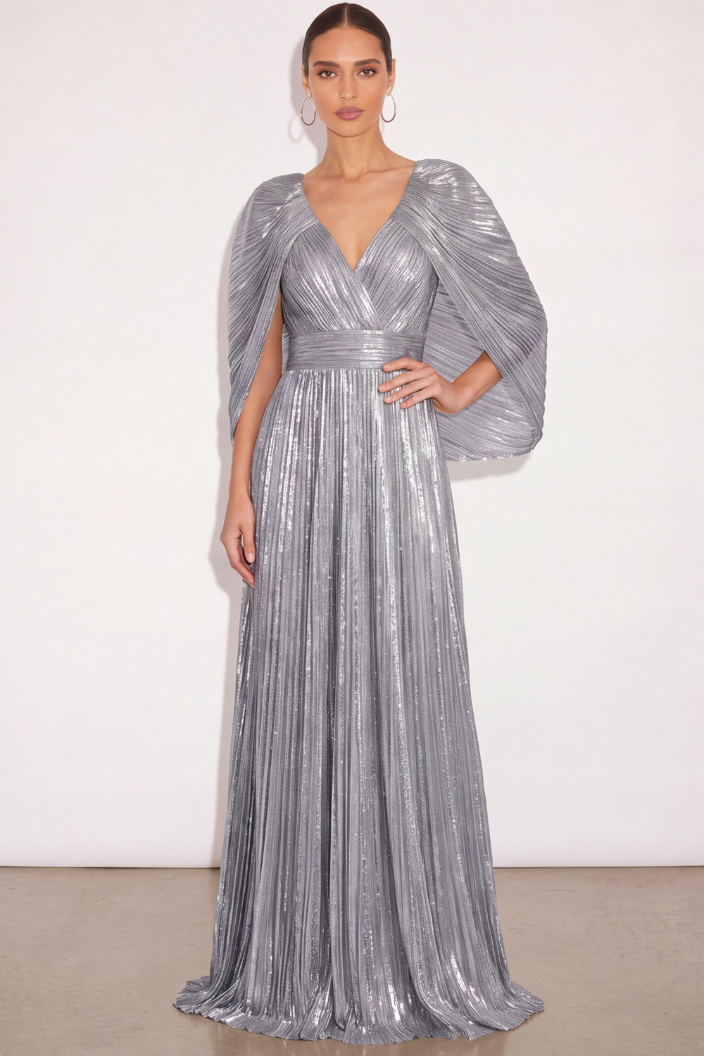 Leely Women Sparkly Silver Pleated Long Formal Dress with Cape Metallic V Neck A Line Wedding Guest Dress Fall