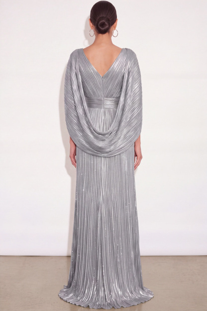 Sparkly Golden A Line V Neck Pleated Maxi Formal Dress with Cape