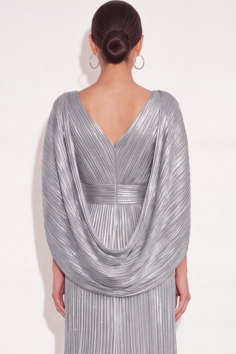 Sparkly Golden A Line V Neck Pleated Maxi Formal Dress with Cape