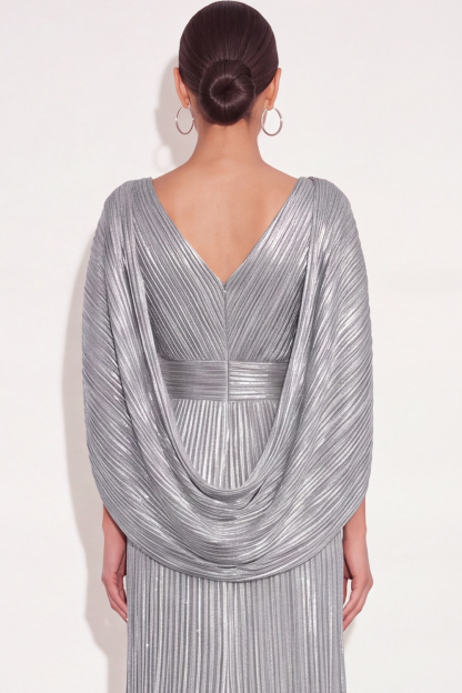 Sparkly Golden A Line V Neck Pleated Maxi Formal Dress with Cape
