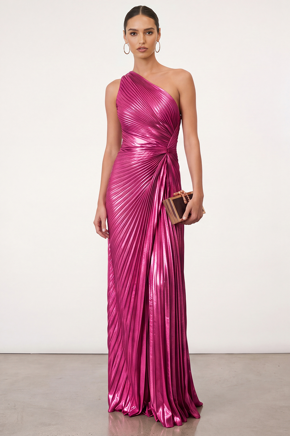 Leely Women Sparkly Golden Mermaid Pleated Maxi Formal Dress One Shoulder Metallic Gala Dress