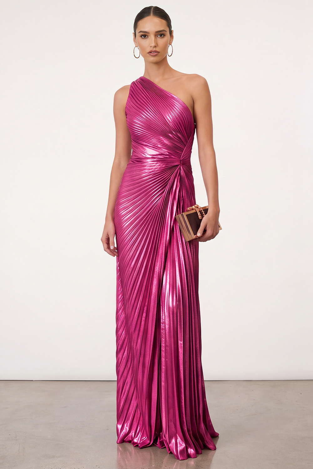 Leely Women Sparkly Golden Mermaid Pleated Maxi Formal Dress One Shoulder Metallic Gala Dress