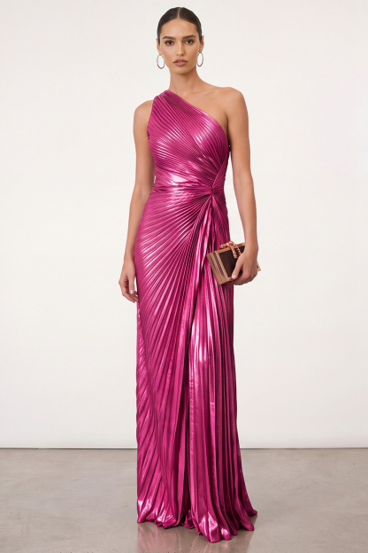 Leely Women Sparkly Golden Mermaid Pleated Maxi Formal Dress One Shoulder Metallic Gala Dress