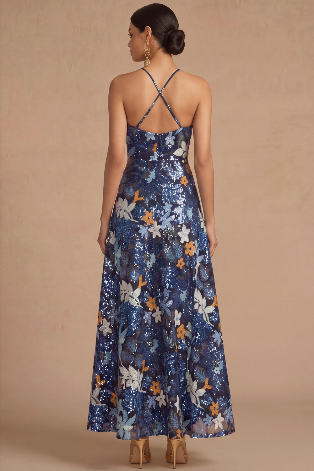 Black Floral Sparkly Sequins Long A-Line Spaghetti Straps Formal Dress
