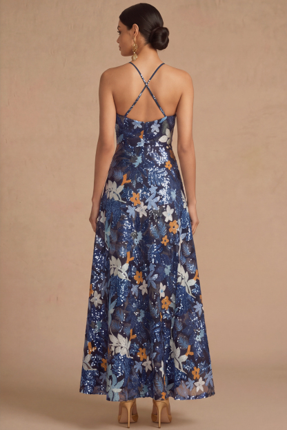 Black Floral Sparkly Sequins Long A-Line Spaghetti Straps Formal Dress