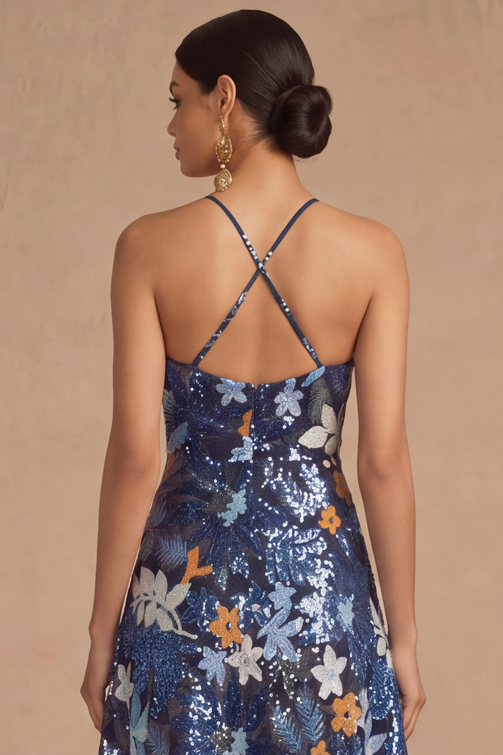 Black Floral Sparkly Sequins Long A-Line Spaghetti Straps Formal Dress