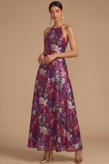 Black Floral Sparkly Sequins Long A-Line Spaghetti Straps Formal Dress