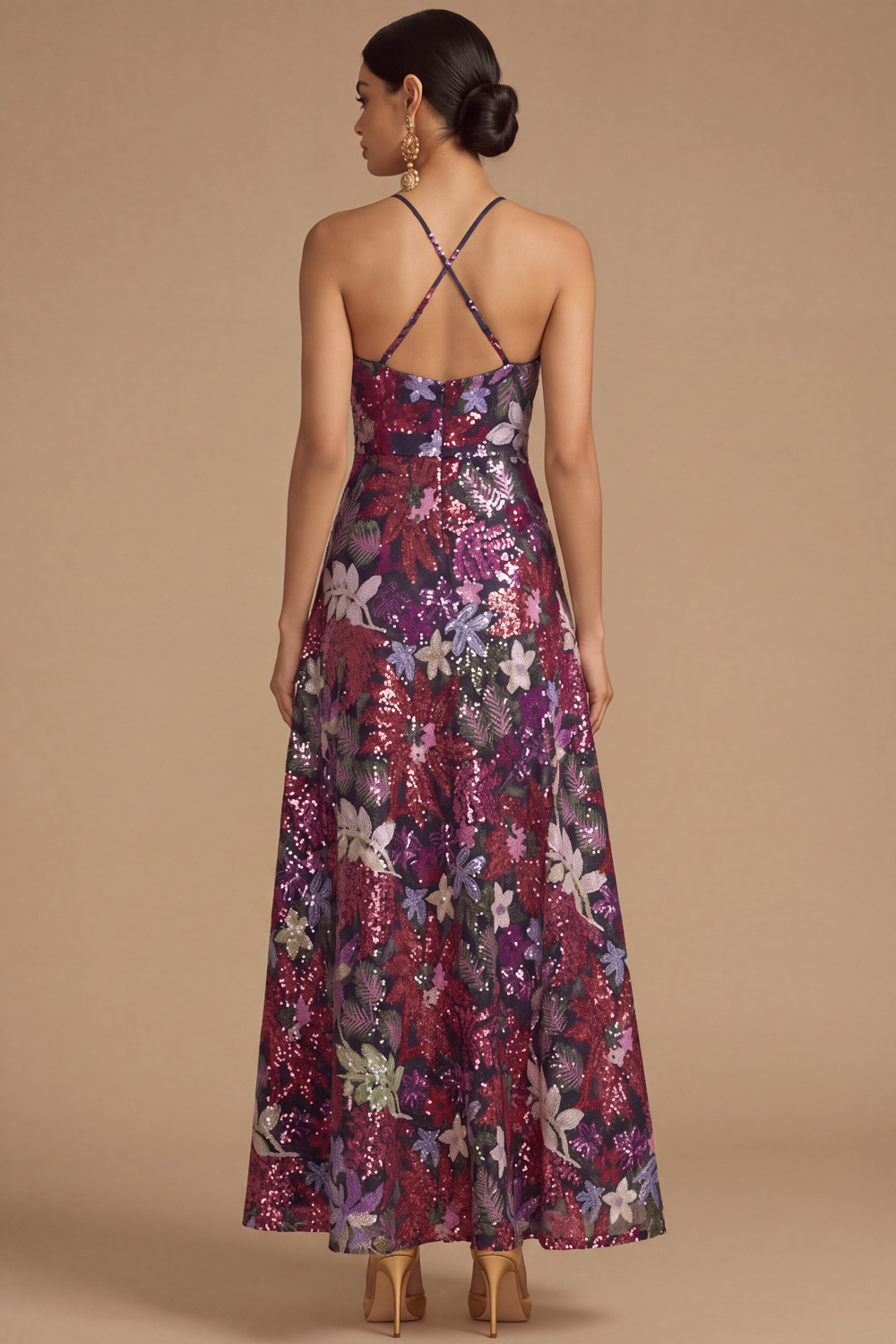 Black Floral Sparkly Sequins Long A-Line Spaghetti Straps Formal Dress
