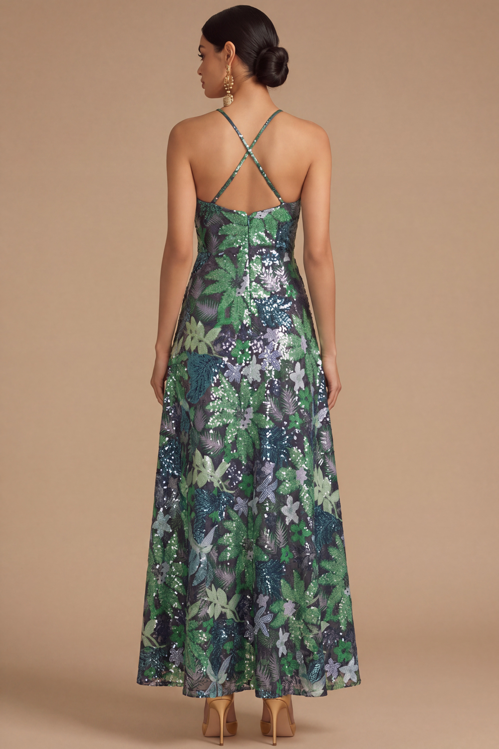 Black Floral Sparkly Sequins Long A-Line Spaghetti Straps Formal Dress