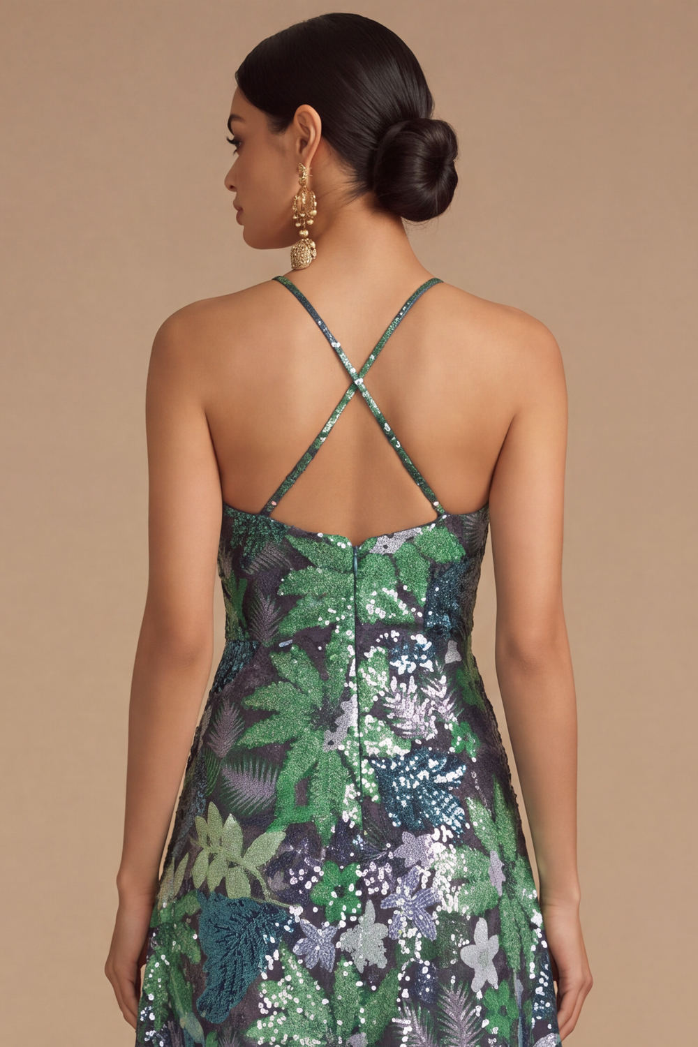 Black Floral Sparkly Sequins Long A-Line Spaghetti Straps Formal Dress