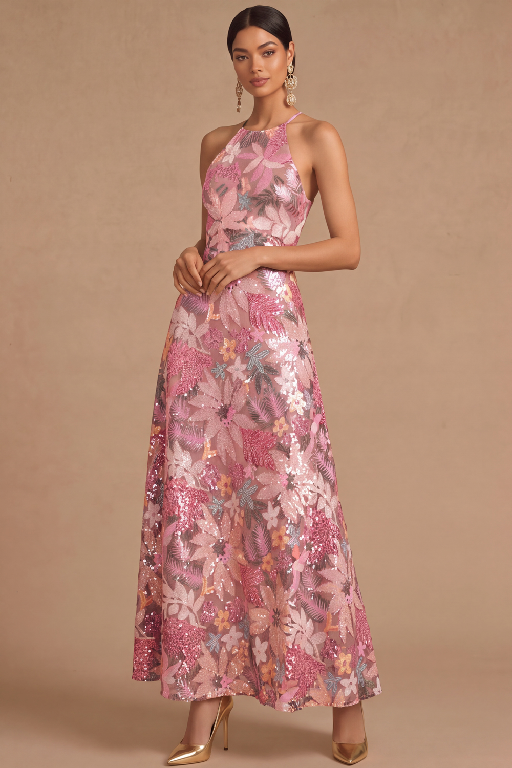 Black Floral Sparkly Sequins Long A-Line Spaghetti Straps Formal Dress