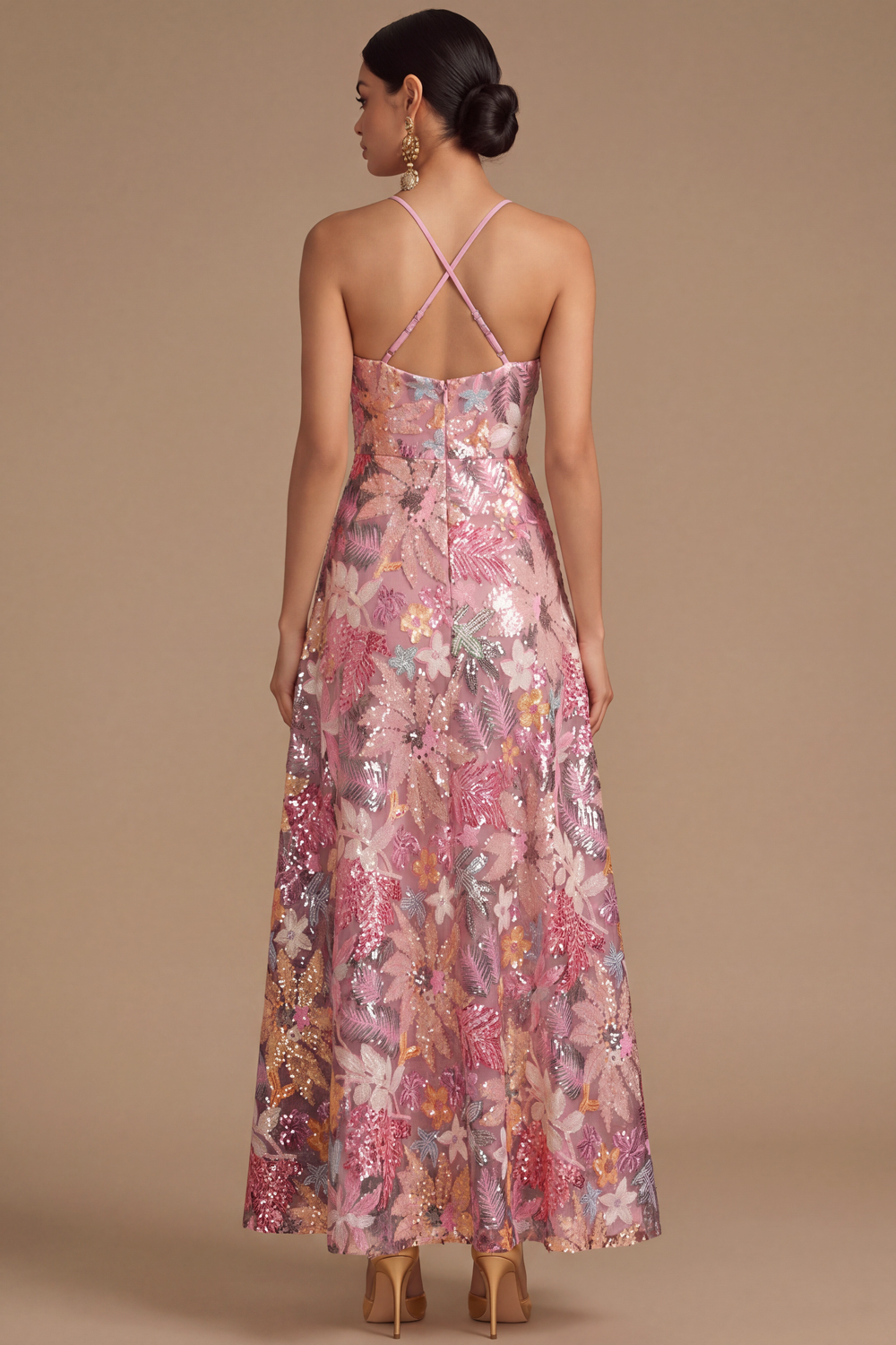 Black Floral Sparkly Sequins Long A-Line Spaghetti Straps Formal Dress