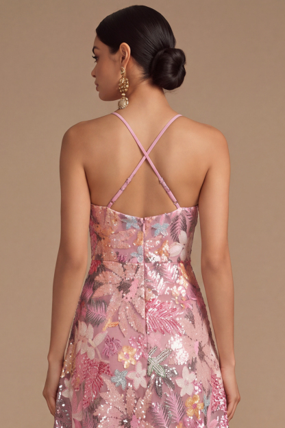 Black Floral Sparkly Sequins Long A-Line Spaghetti Straps Formal Dress