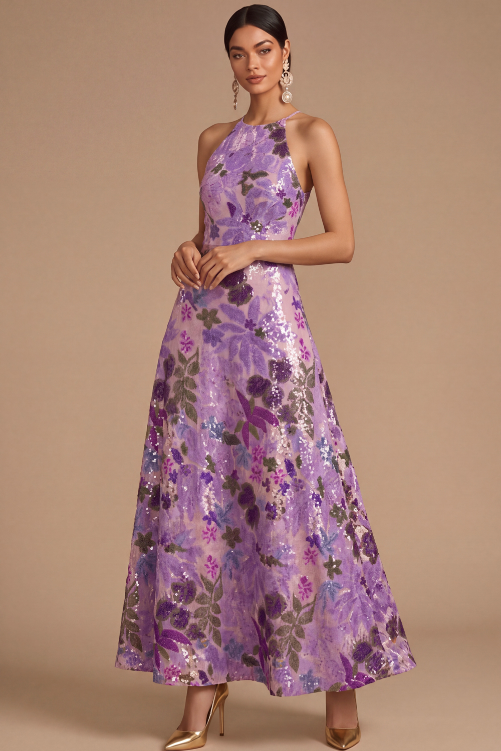 Black Floral Sparkly Sequins Long A-Line Spaghetti Straps Formal Dress