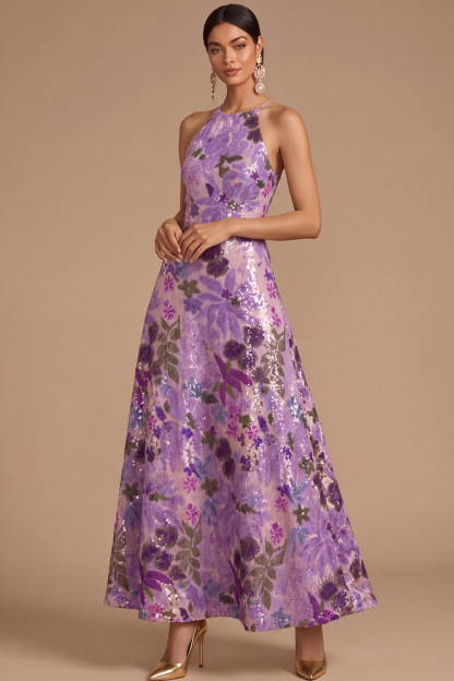 Black Floral Sparkly Sequins Long A-Line Spaghetti Straps Formal Dress