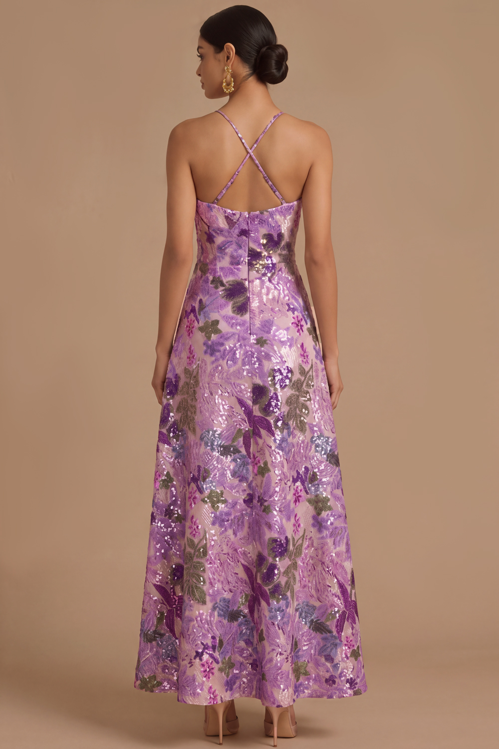 Black Floral Sparkly Sequins Long A-Line Spaghetti Straps Formal Dress