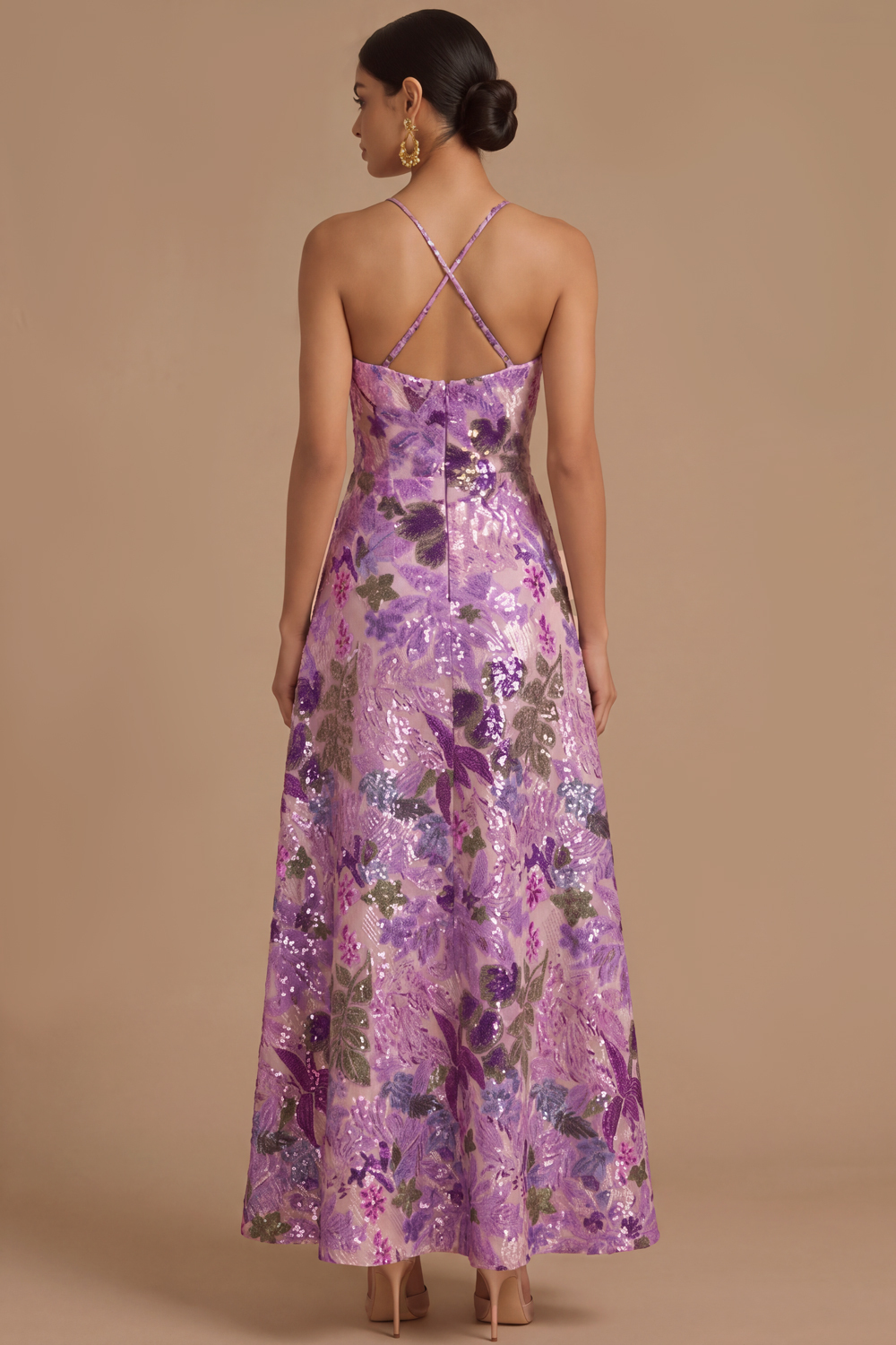 Black Floral Sparkly Sequins Long A-Line Spaghetti Straps Formal Dress