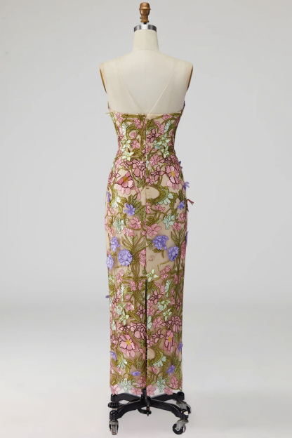 Apricot Floral Thick Straps Mermaid Long Formal Dress with Slit