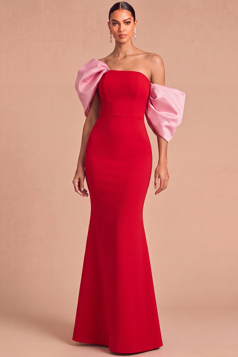 Leely Women Red Long One Shoulder Formal Dress Mermaid Puff Sleeves Prom Dress