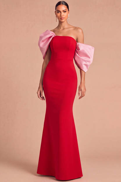 Leely Women Red Long One Shoulder Formal Dress Mermaid Puff Sleeves Prom Dress