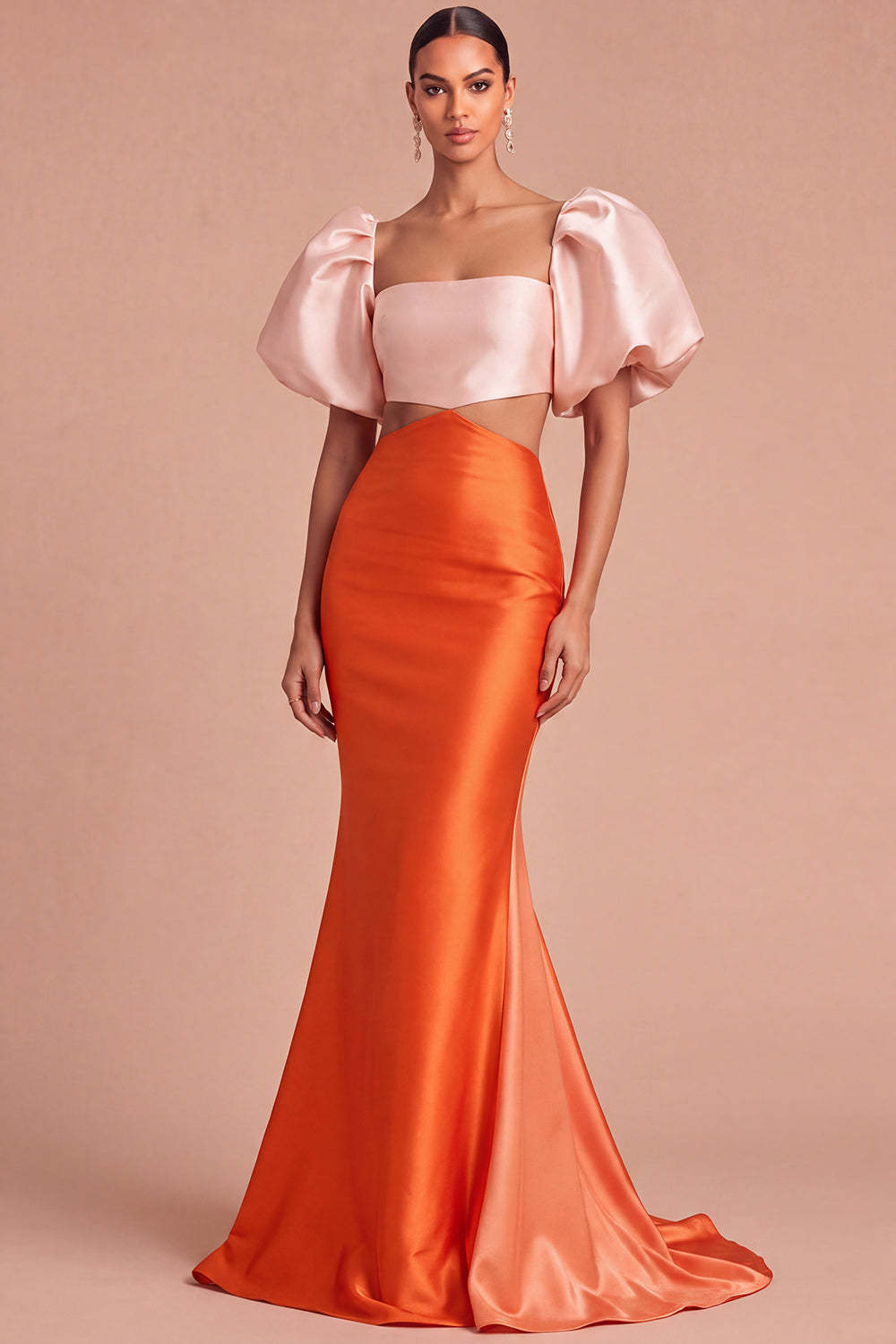Leely Women Orange Long Cut Out Formal Dress Mermaid Square Neck Puff Sleeves Prom Dress