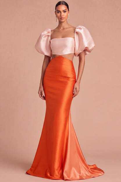 Leely Women Orange Long Cut Out Formal Dress Mermaid Square Neck Puff Sleeves Prom Dress
