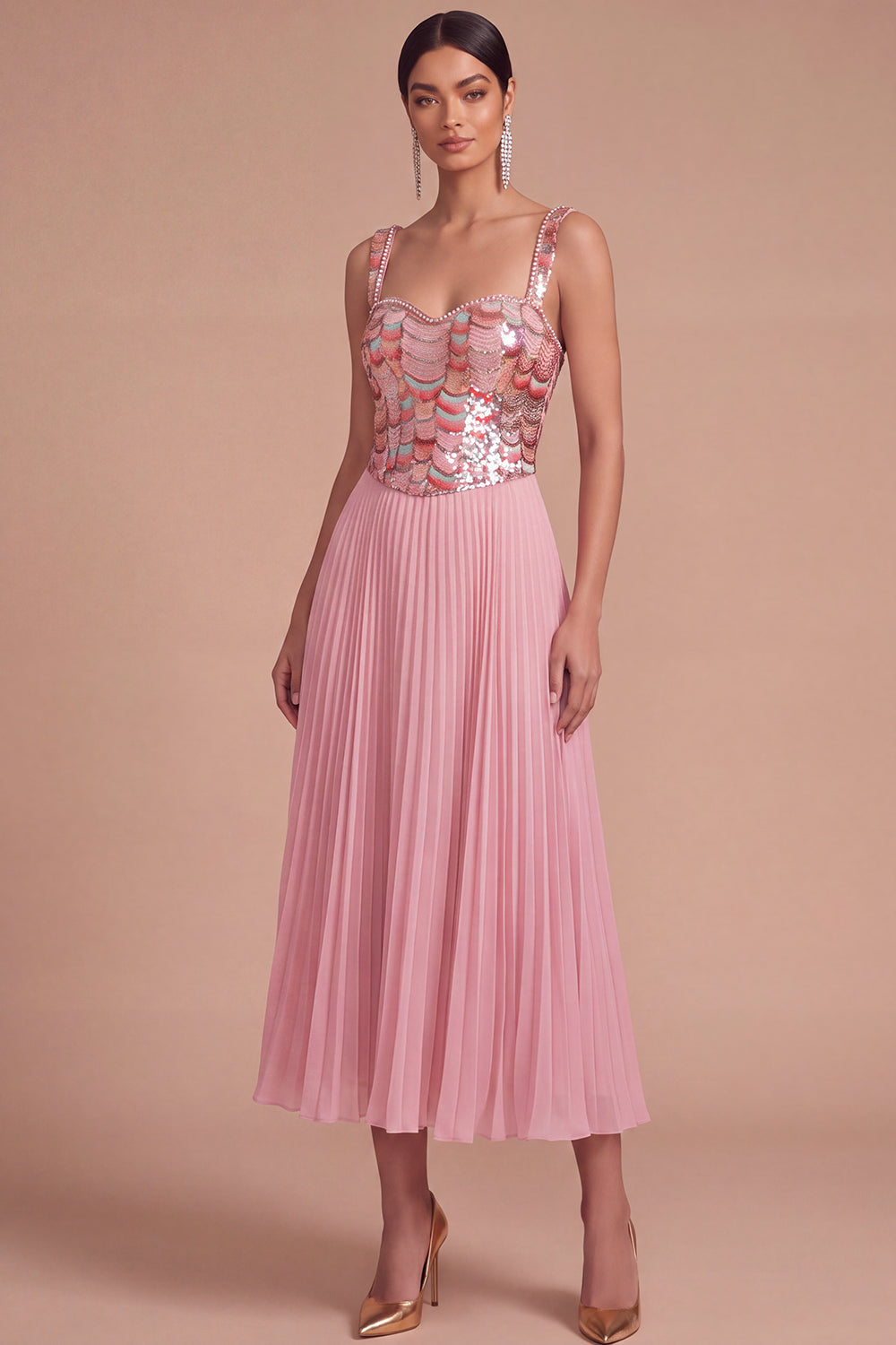 Leely Women Sparkly Sequins Pink Midi Formal Dress A-Line Thick Straps Pleated Wedding Guest Dress with Pearls
