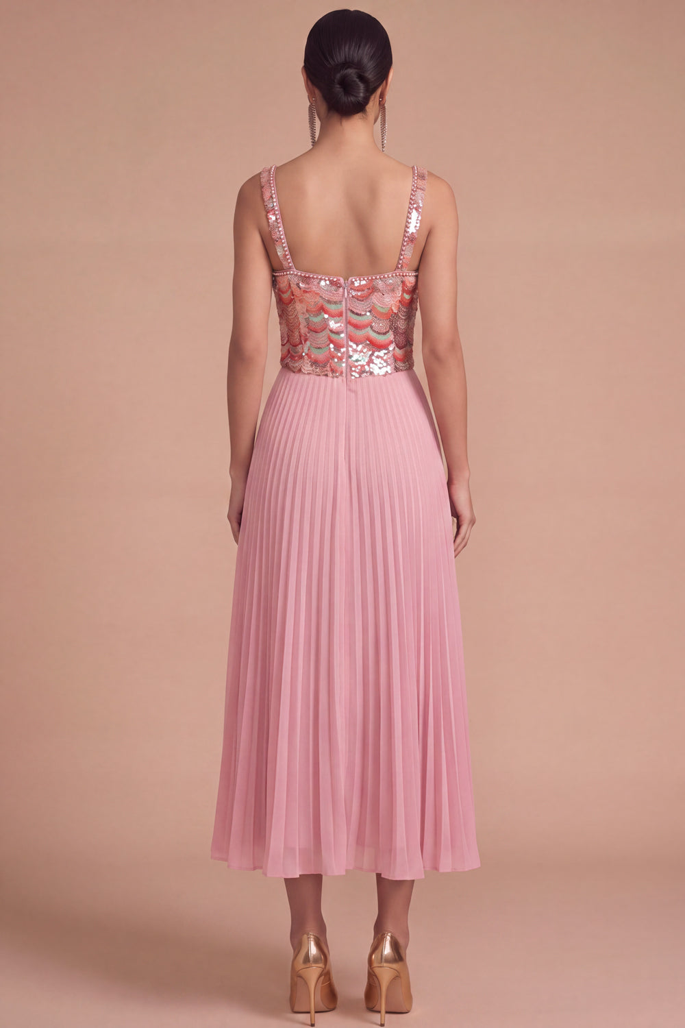 Sparkly Pink Corset Sequins Pleated Midi Formal Dress with Pearls