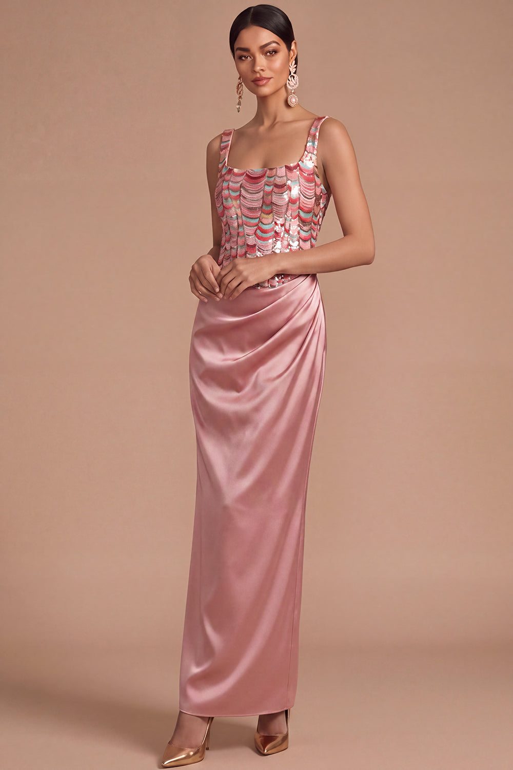 Leely Women Sparkly Pink Sequins Long Formal Dress Mermaid Square Neck Ruched Prom Dress