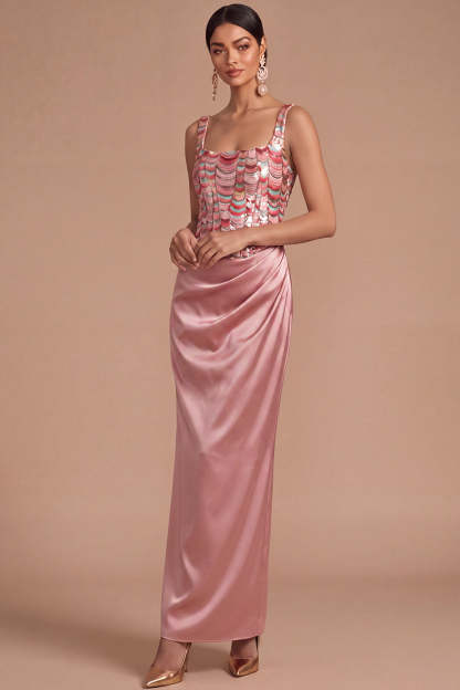 Leely Women Sparkly Pink Sequins Long Formal Dress Mermaid Square Neck Ruched Prom Dress