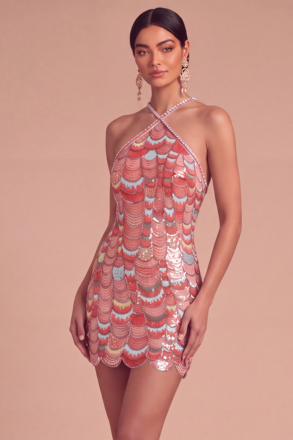 Sparkly Pink Bodycon Halter Sequins Short Formal Dress