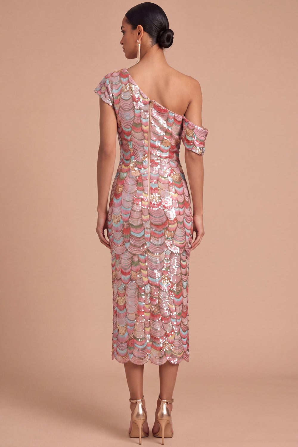 Sparkly Pink Sequins One Shoulder Mermaid Midi Wedding Guest Dress