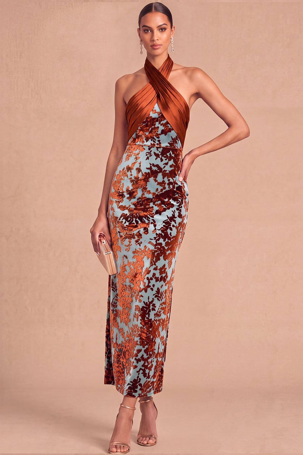 Dark Green Sheath Halter Velvet Long Formal Dress