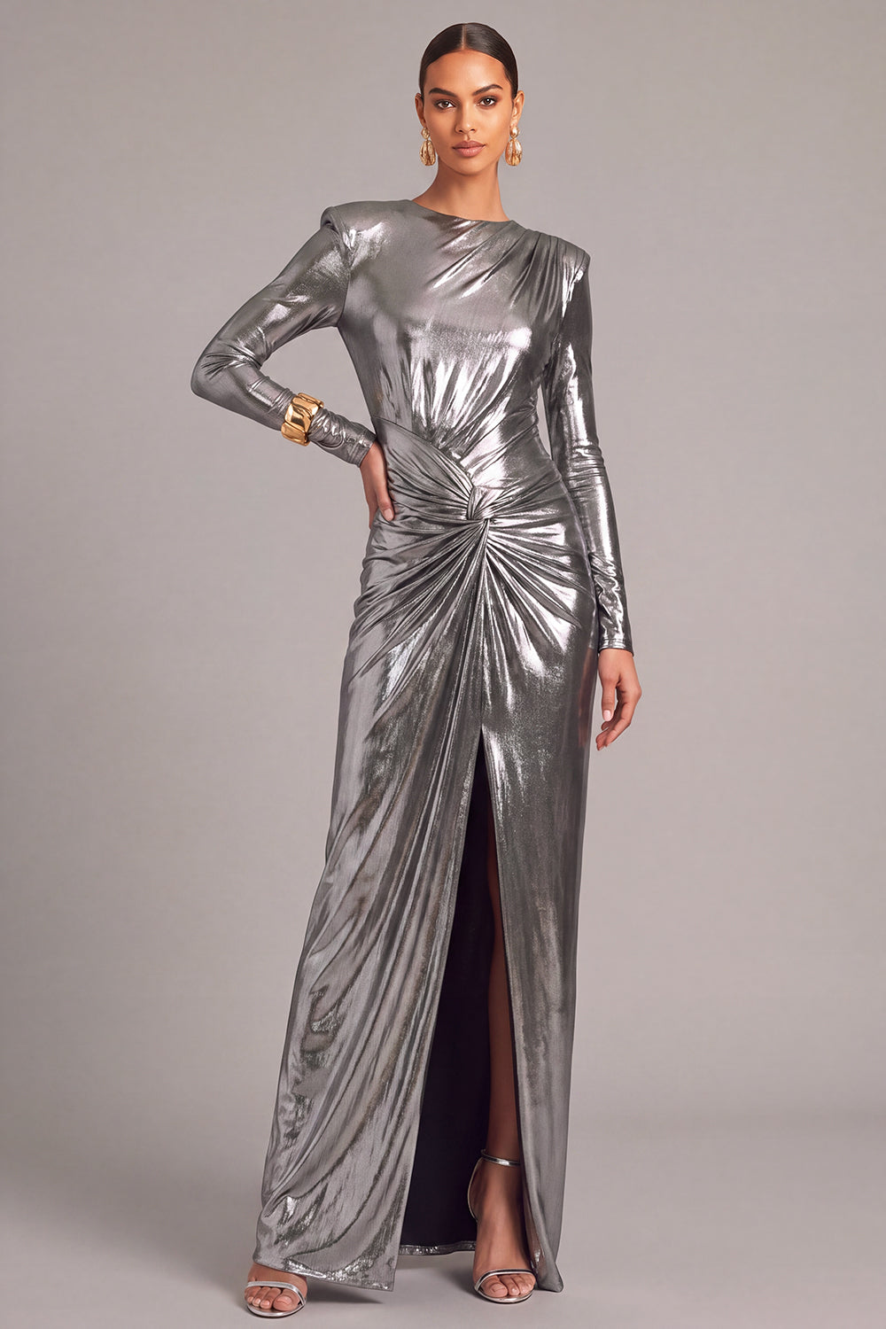 Leely Women Silver Metallic Long Formal Dress with Sleeves Mermaid Round Neck Ruched Prom Dress with Slit