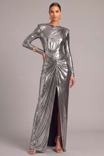Leely Women Silver Metallic Long Formal Dress with Sleeves Mermaid Round Neck Ruched Prom Dress with Slit