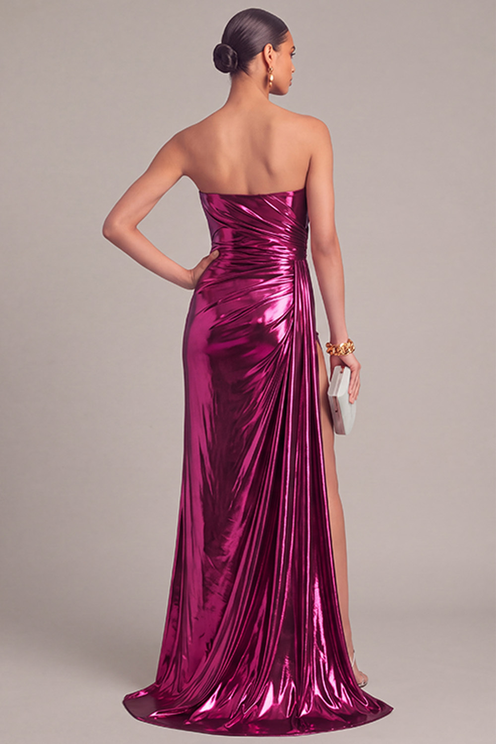 Silver Metallic Strapless Mermaid Ruched Long Formal Dress with Slit