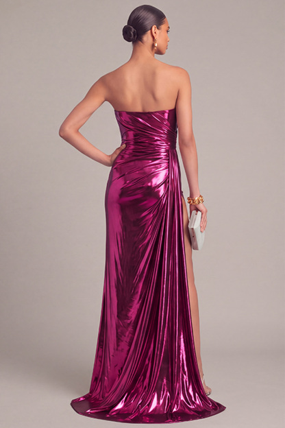 Silver Metallic Strapless Mermaid Ruched Long Formal Dress with Slit