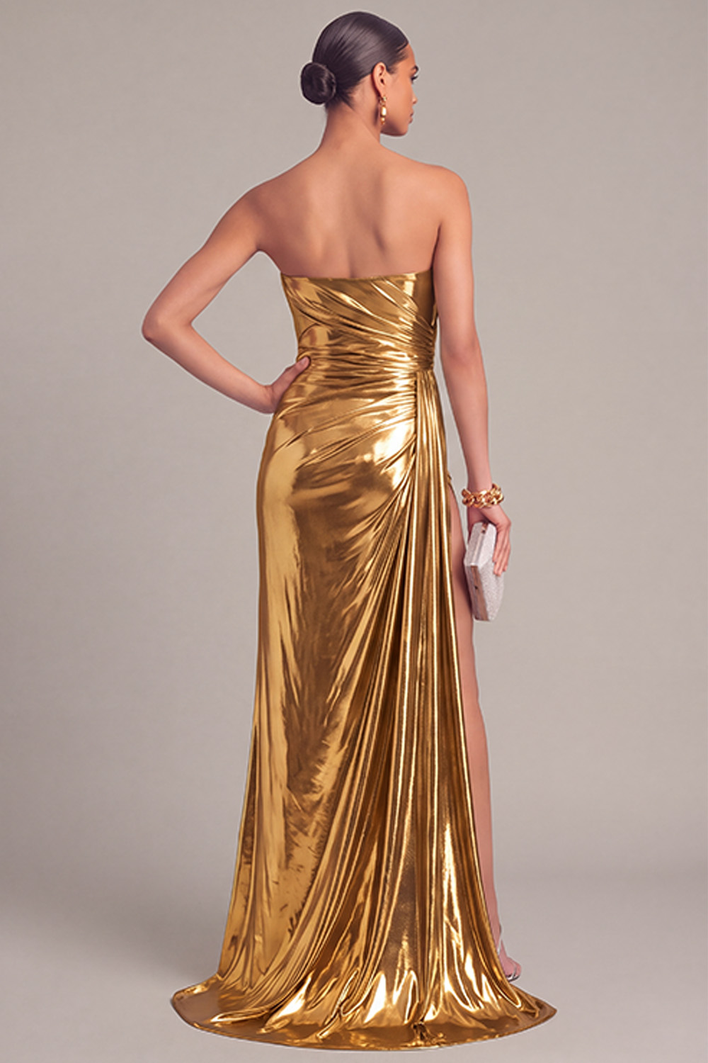 Silver Metallic Strapless Mermaid Ruched Long Formal Dress with Slit