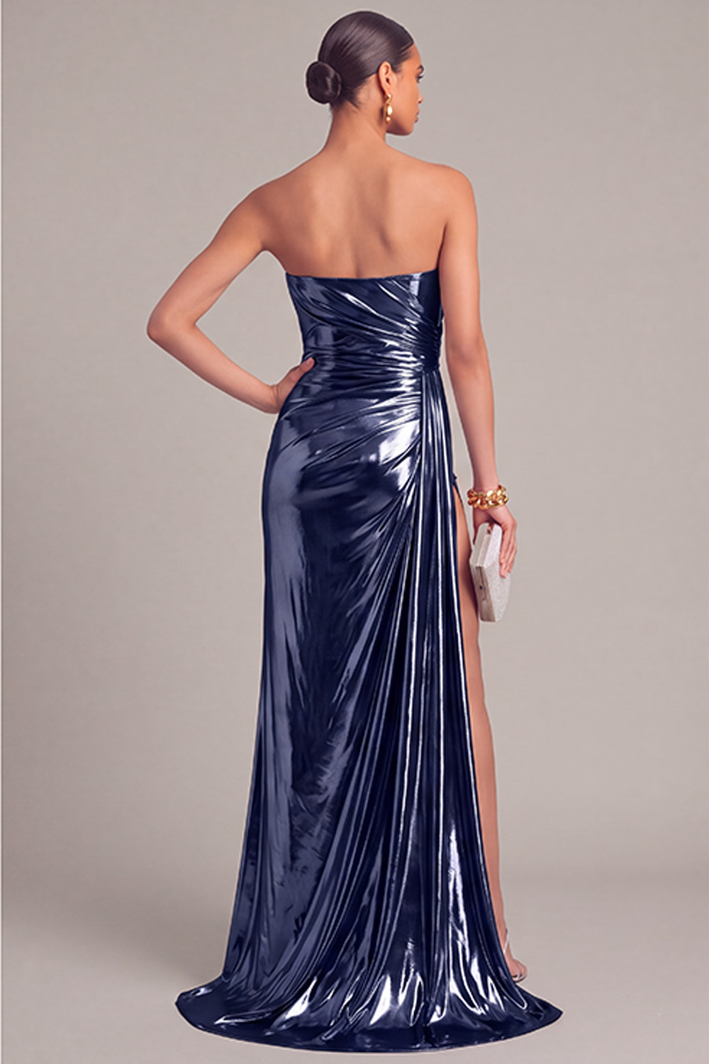 Silver Metallic Strapless Mermaid Ruched Long Formal Dress with Slit