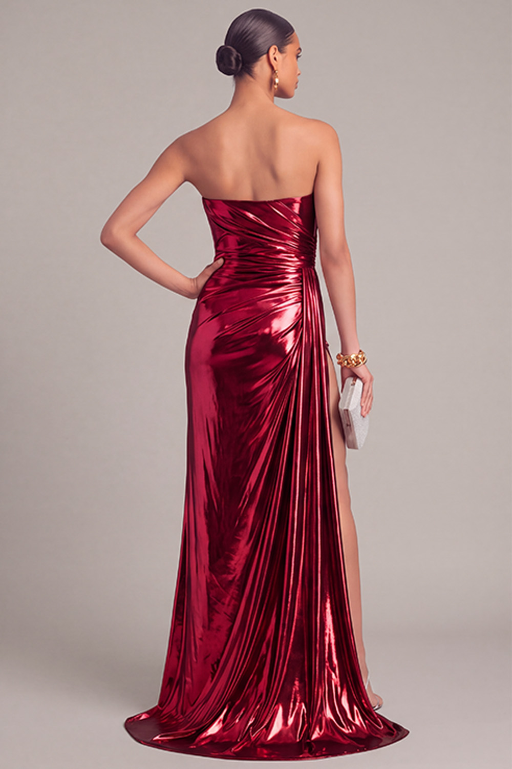 Silver Metallic Strapless Mermaid Ruched Long Formal Dress with Slit