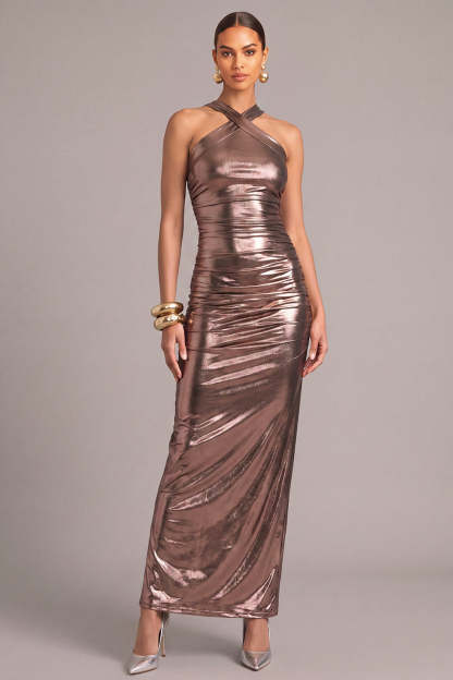 Leely Women Bronze Metallic Long Formal Dress Sheath Halter Ruched Prom Dress