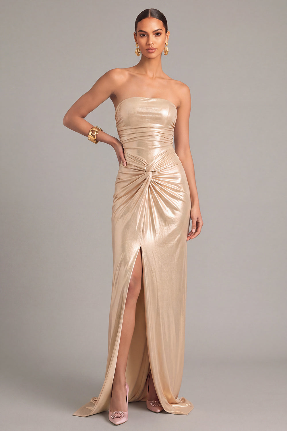 Leely Women Golden Yellow Metallic Long Formal Dress Mermaid Strapless Ruched Prom Dress with Slit