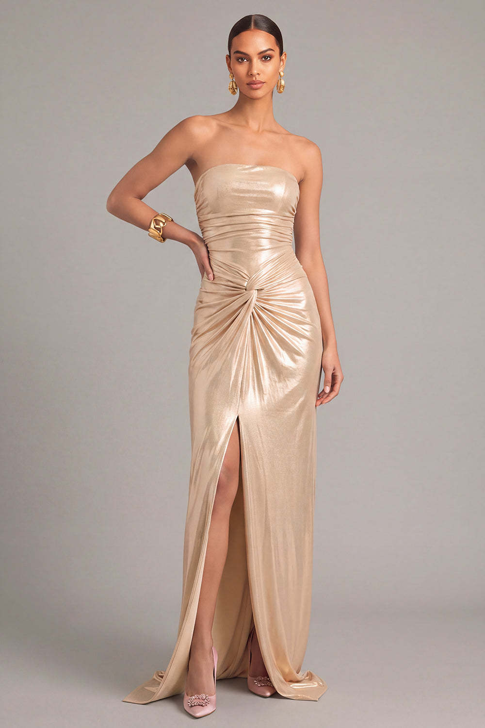 Leely Women Golden Yellow Metallic Long Formal Dress Mermaid Strapless Ruched Prom Dress with Slit