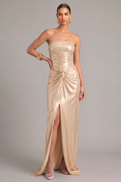 Leely Women Golden Yellow Metallic Long Formal Dress Mermaid Strapless Ruched Prom Dress with Slit
