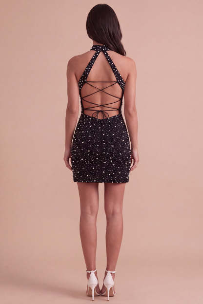 Sparkly Black Bodycon High Neck Beaded Short Homecoming Dress with Pearls