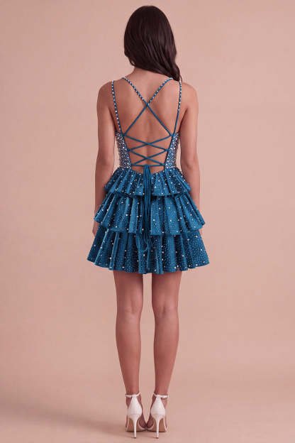 Sparkly Beaded Dark Blue Ruffled V-Neck Tiered Short Homecoming Dress with Pearls