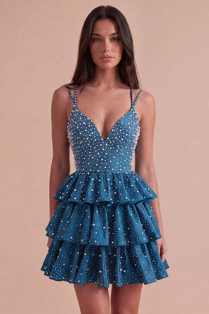 Leely Women Sparkly Beaded Ruffled Dark Blue Short Homecoming Dress A-Line Tiered V-Neck Lace Up Beaded Cocktail Dress with Pearls