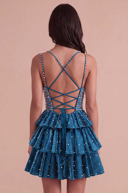 Sparkly Beaded Dark Blue Ruffled V-Neck Tiered Short Homecoming Dress with Pearls